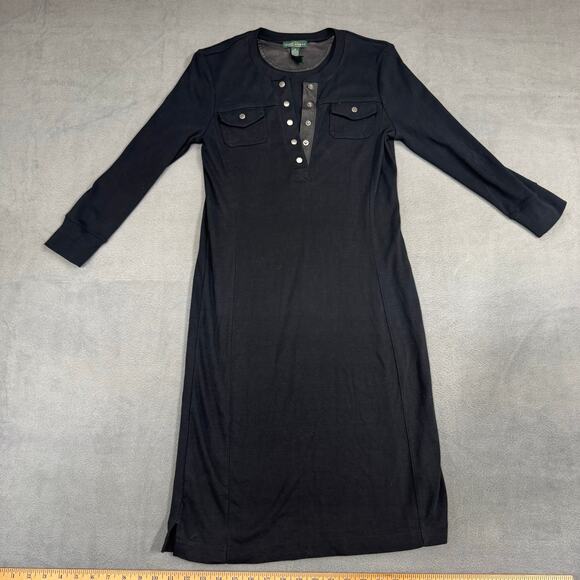 Lauren Ralph Lauren Womens Snap Front Faux Leather Shirt Dress‎ Black L-Sleeve S - Picture 1 of 7